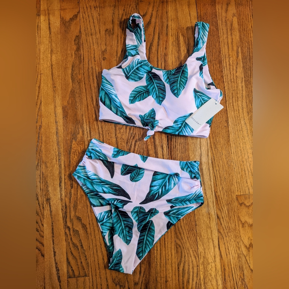 Ekouaer NWT Palm Leaf Print High Waisted Bikini Sporty Chic size S